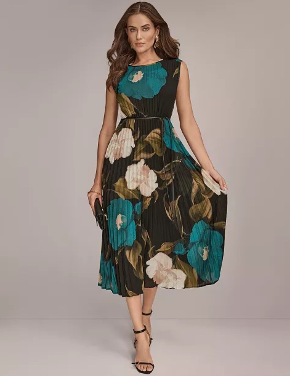 Donna Karan Black Midi Dress with Teal & Cream Floral Print